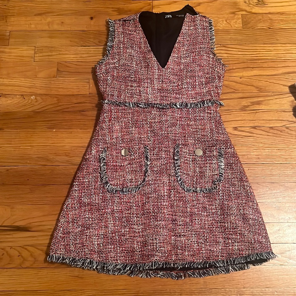 Red blue tweed Zara mini dress small